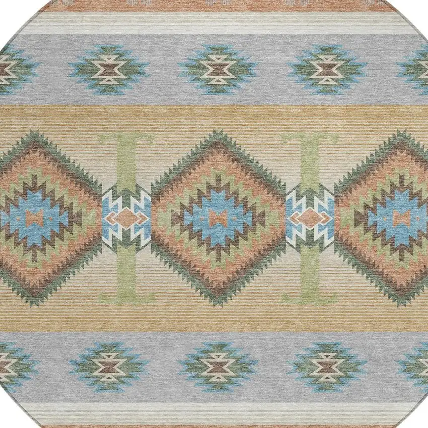 8' Copper And Silver Round Southwestern Washable Indoor Outdoor Area Rug Photo 2