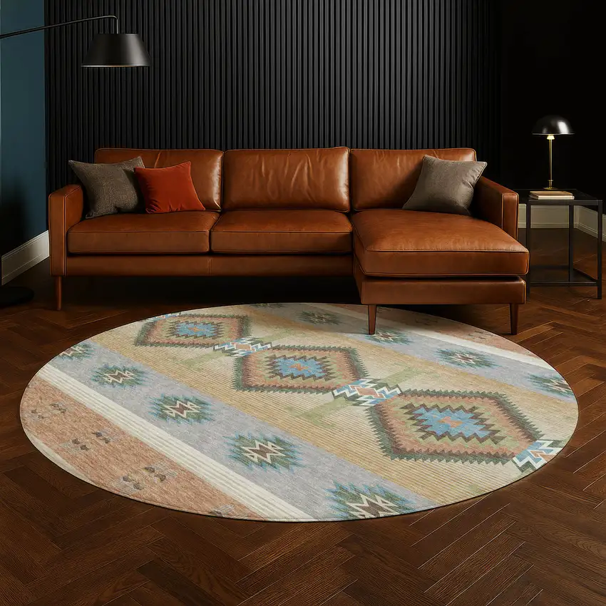 8' Copper And Silver Round Southwestern Washable Indoor Outdoor Area Rug Photo 5