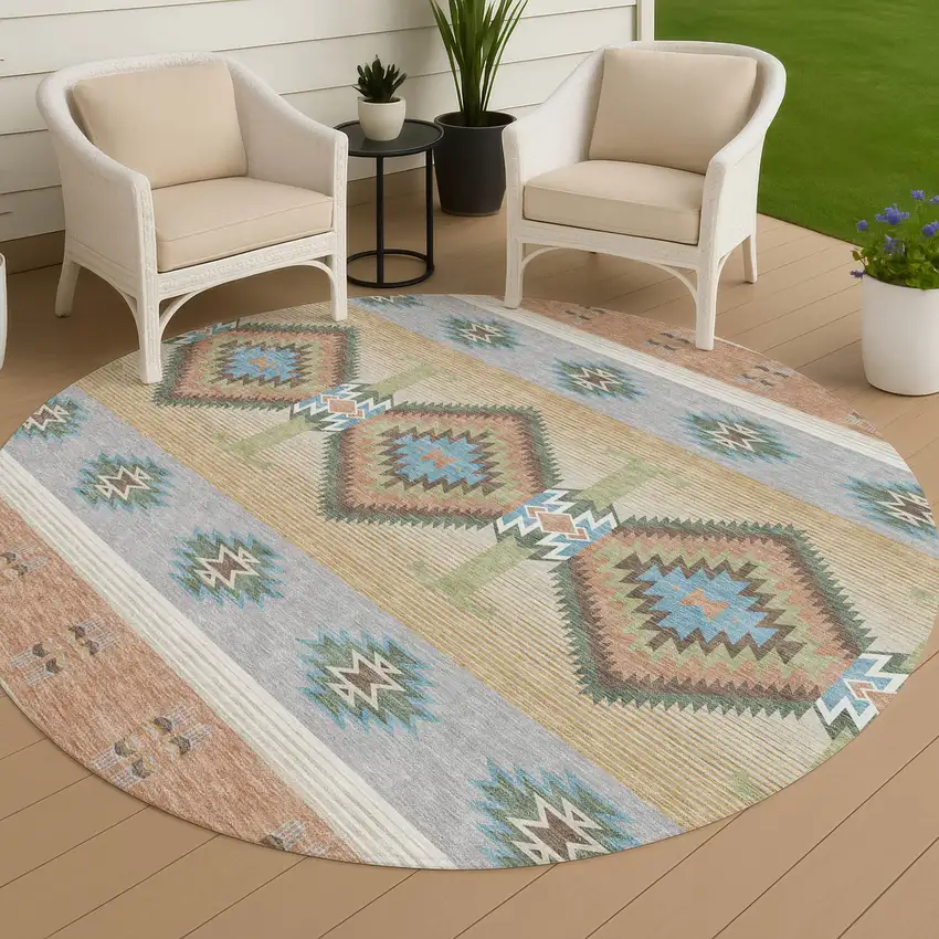 8' Copper And Silver Round Southwestern Washable Indoor Outdoor Area Rug Photo 4