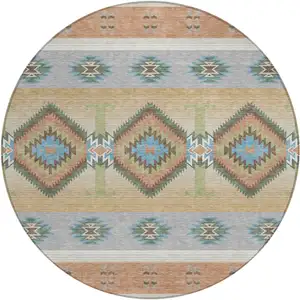Photo of 8' Copper And Silver Round Southwestern Washable Indoor Outdoor Area Rug