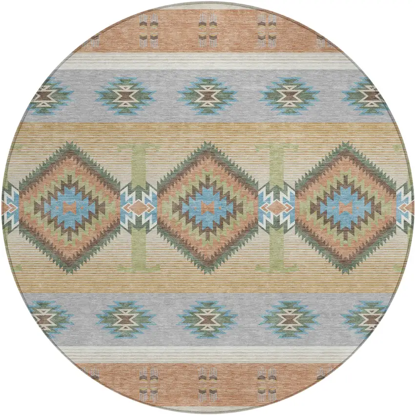 8' Copper And Silver Round Southwestern Washable Indoor Outdoor Area Rug Photo 1