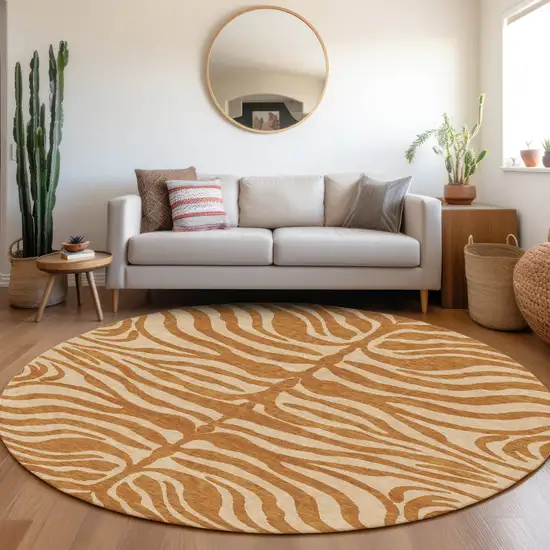 8' Copper And Tan Round Animal Print Washable Indoor Outdoor Area Rug Photo 8