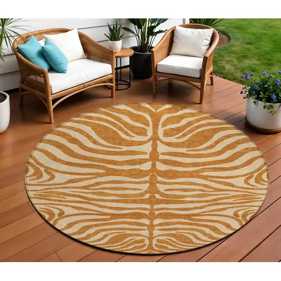 8' Copper And Tan Round Animal Print Washable Indoor Outdoor Area Rug Photo 1