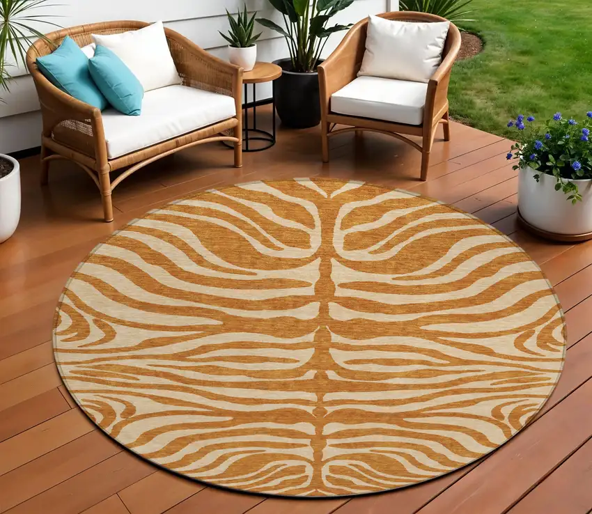 8' Copper And Tan Round Animal Print Washable Indoor Outdoor Area Rug Photo 1