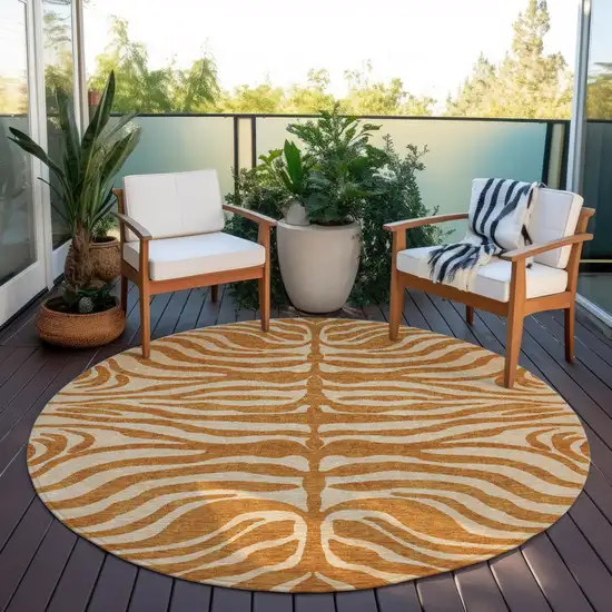 8' Copper And Tan Round Animal Print Washable Indoor Outdoor Area Rug Photo 7