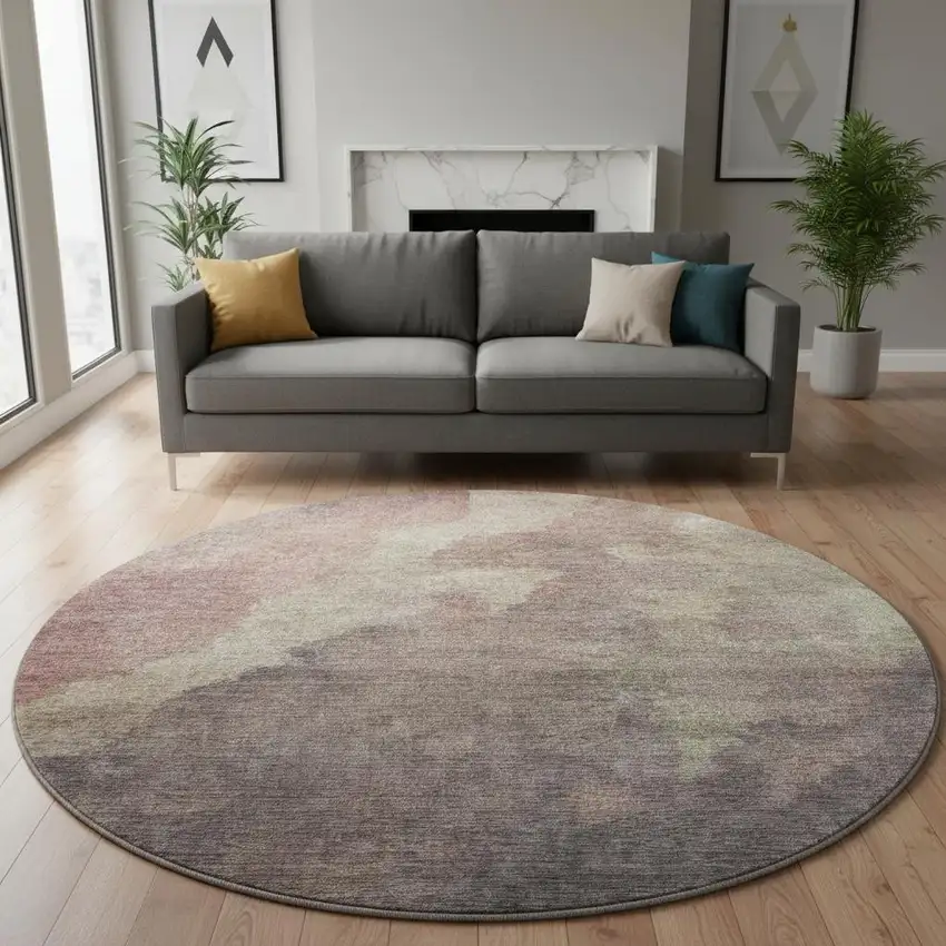 8' Copper And Taupe Abstract Washable Round Rug With UV Protection Photo 2