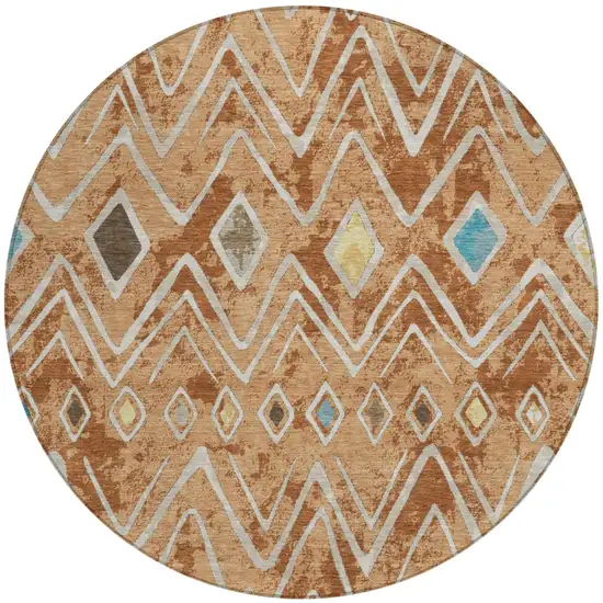 8' Copper And Taupe Round Geometric Washable Indoor Outdoor Area Rug Photo 2