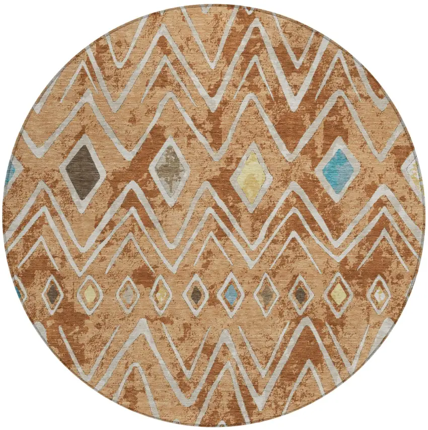 8' Copper And Taupe Round Geometric Washable Indoor Outdoor Area Rug Photo 2