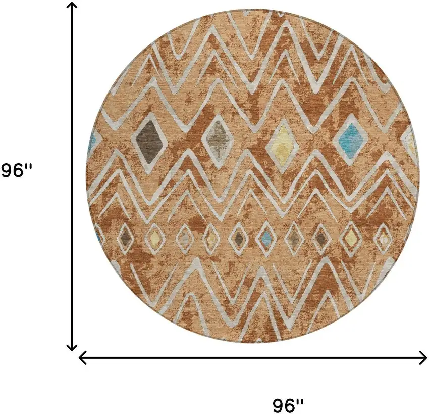 8' Copper And Taupe Round Geometric Washable Indoor Outdoor Area Rug Photo 7