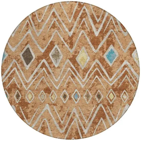 8' Copper And Taupe Round Geometric Washable Indoor Outdoor Area Rug Photo 4