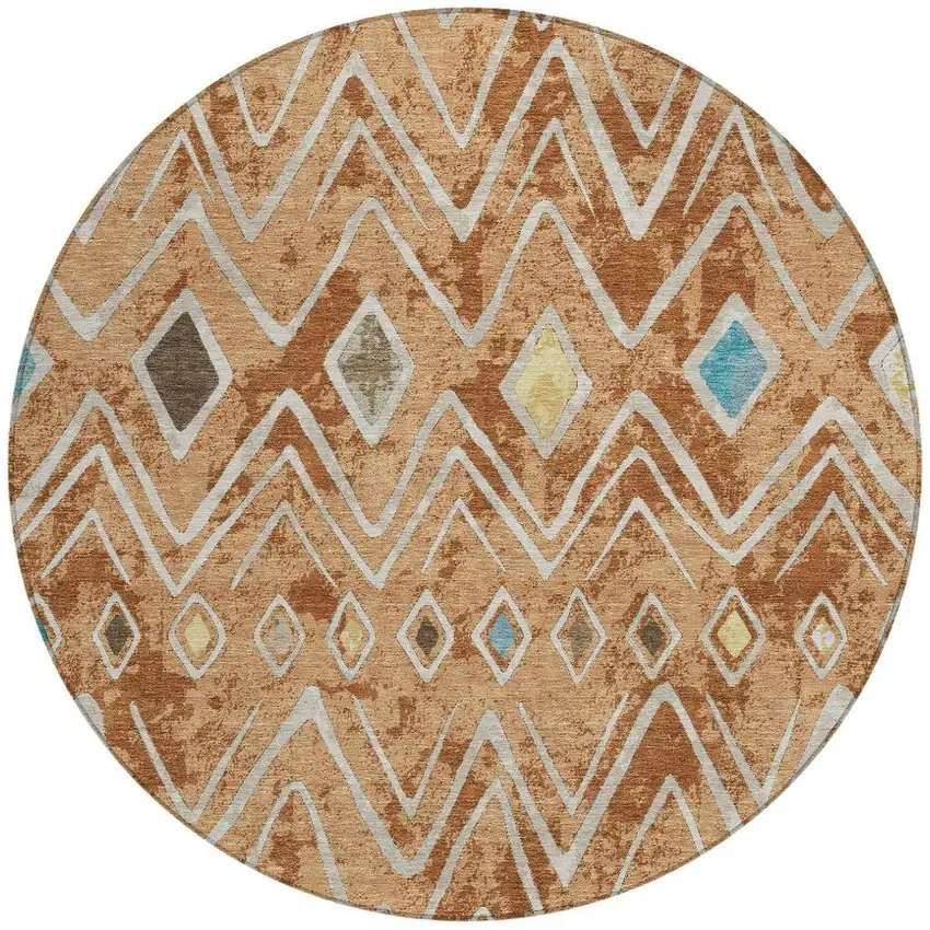 8' Copper And Taupe Round Geometric Washable Indoor Outdoor Area Rug Photo 4