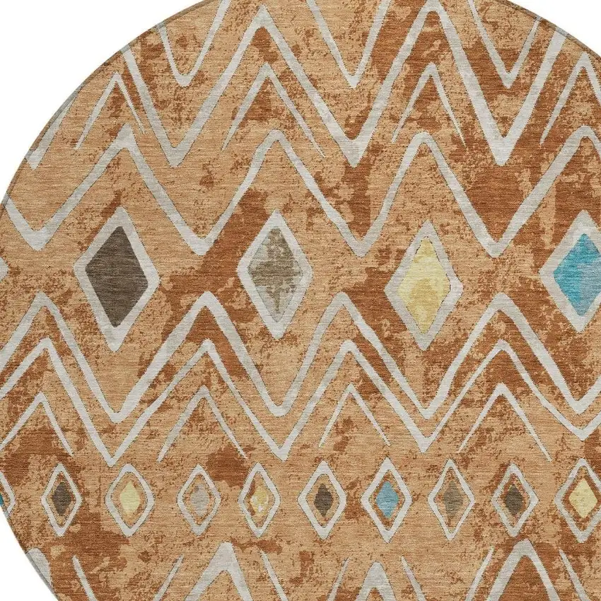 8' Copper And Taupe Round Geometric Washable Indoor Outdoor Area Rug Photo 3