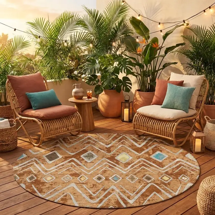 8' Copper And Taupe Round Geometric Washable Indoor Outdoor Area Rug Photo 1