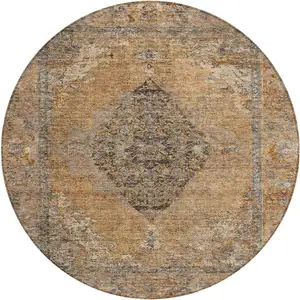 Photo of 8' Copper And Taupe Round Medallion Washable Indoor Outdoor Area Rug