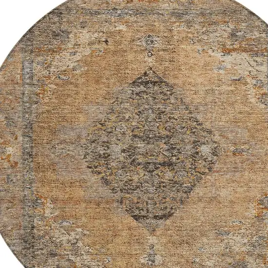 8' Copper And Taupe Round Medallion Washable Indoor Outdoor Area Rug Photo 4