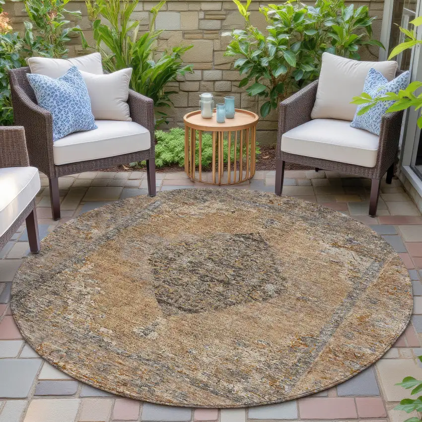 8' Copper And Taupe Round Medallion Washable Indoor Outdoor Area Rug Photo 6