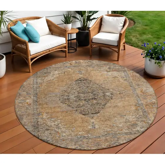 8' Copper And Taupe Round Medallion Washable Indoor Outdoor Area Rug Photo 2