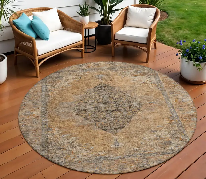 8' Copper And Taupe Round Medallion Washable Indoor Outdoor Area Rug Photo 2