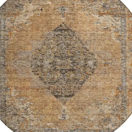 8' Copper And Taupe Round Medallion Washable Indoor Outdoor Area Rug Photo 9