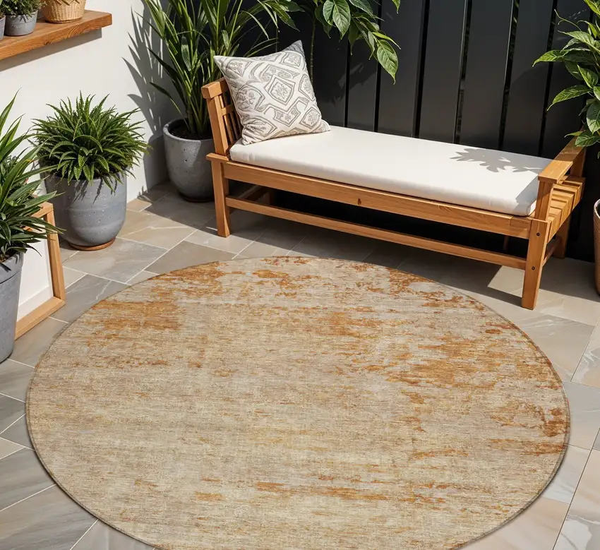 8' Copper And Terra Cotta Round Abstract Washable Indoor Outdoor Area Rug Photo 1
