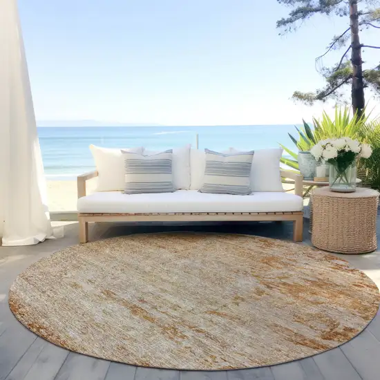 8' Copper And Terra Cotta Round Abstract Washable Indoor Outdoor Area Rug Photo 6