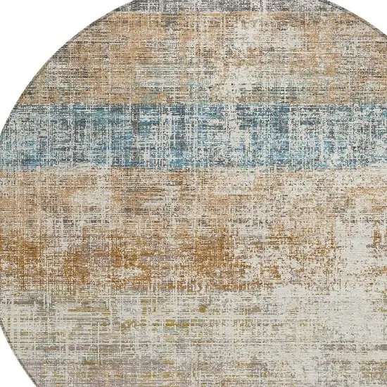 8' Copper Beige And Blue Round Striped Washable Indoor Outdoor Area Rug Photo 2