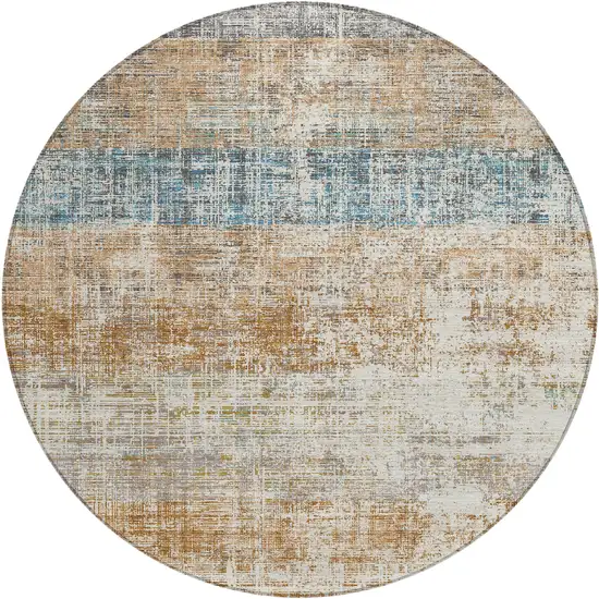8' Copper Beige And Blue Round Striped Washable Indoor Outdoor Area Rug Photo 1