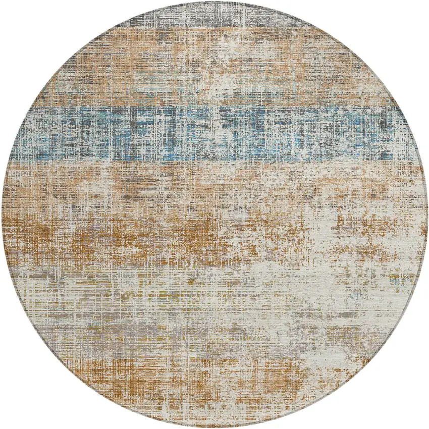 8' Copper Beige And Blue Round Striped Washable Indoor Outdoor Area Rug Photo 1
