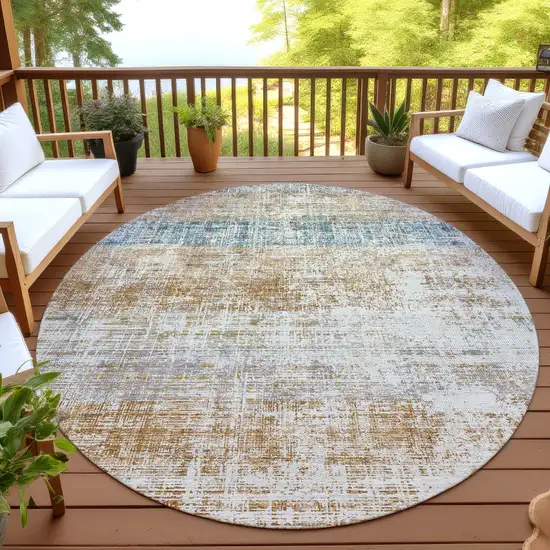 8' Copper Beige And Blue Round Striped Washable Indoor Outdoor Area Rug Photo 4