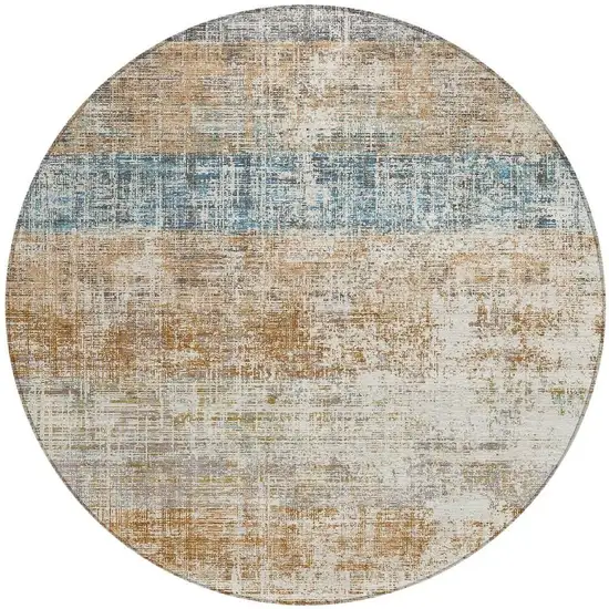 8' Copper Beige And Blue Round Striped Washable Indoor Outdoor Area Rug Photo 3