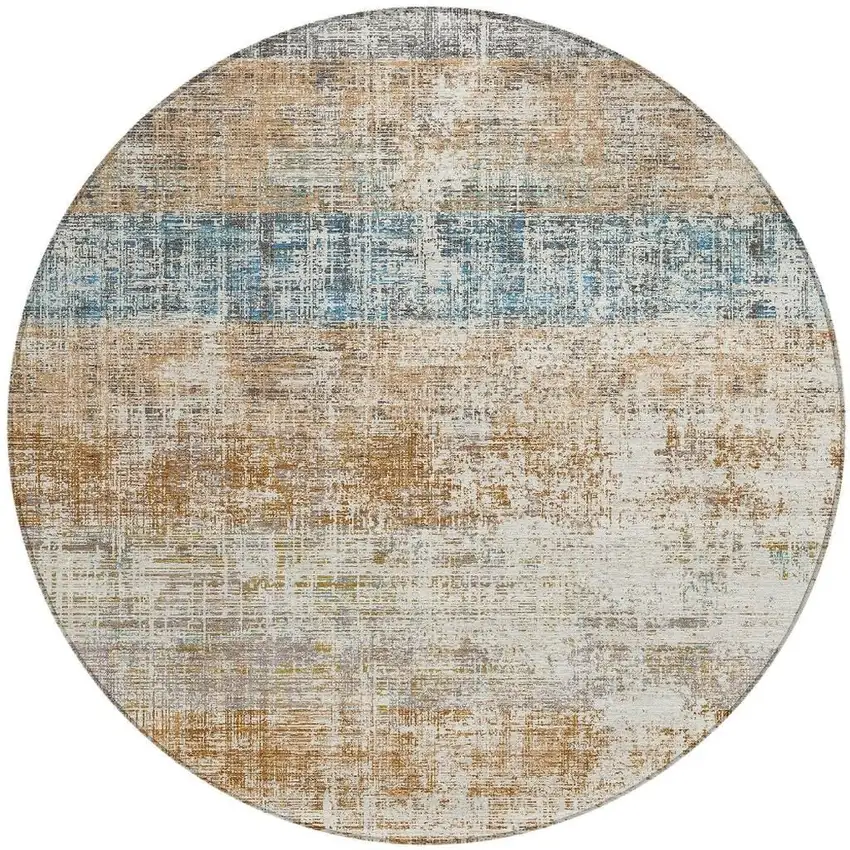 8' Copper Beige And Blue Round Striped Washable Indoor Outdoor Area Rug Photo 3