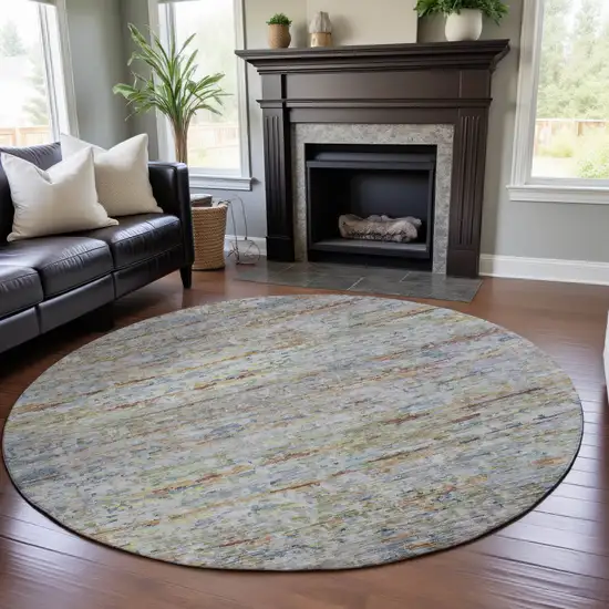 8' Copper Beige And Blue Striped Washable Round Rug With UV Protection Photo 4
