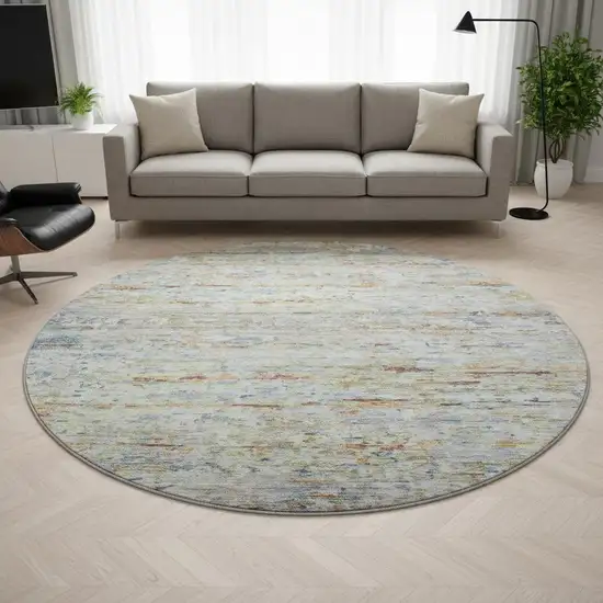 8' Copper Beige And Blue Striped Washable Round Rug With UV Protection Photo 2