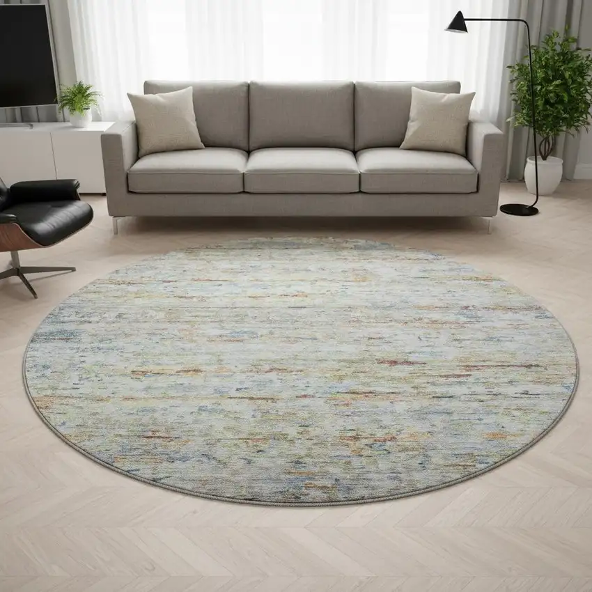 8' Copper Beige And Blue Striped Washable Round Rug With UV Protection Photo 2