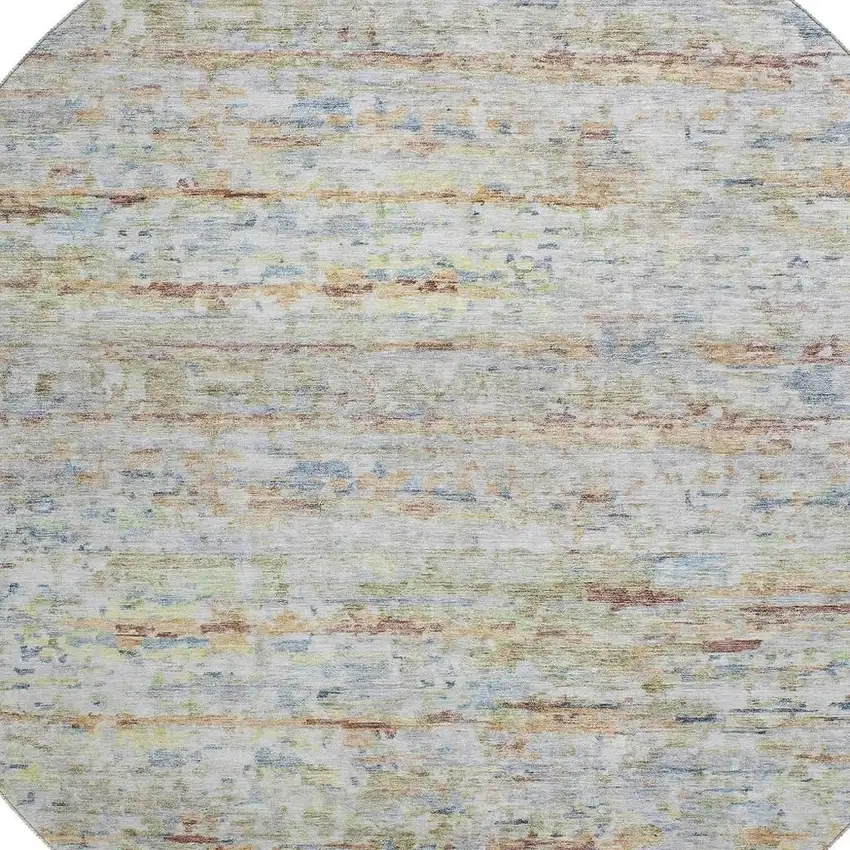 8' Copper Beige And Blue Striped Washable Round Rug With UV Protection Photo 2