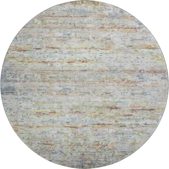 8' Copper Beige And Blue Striped Washable Round Rug With UV Protection Photo 1