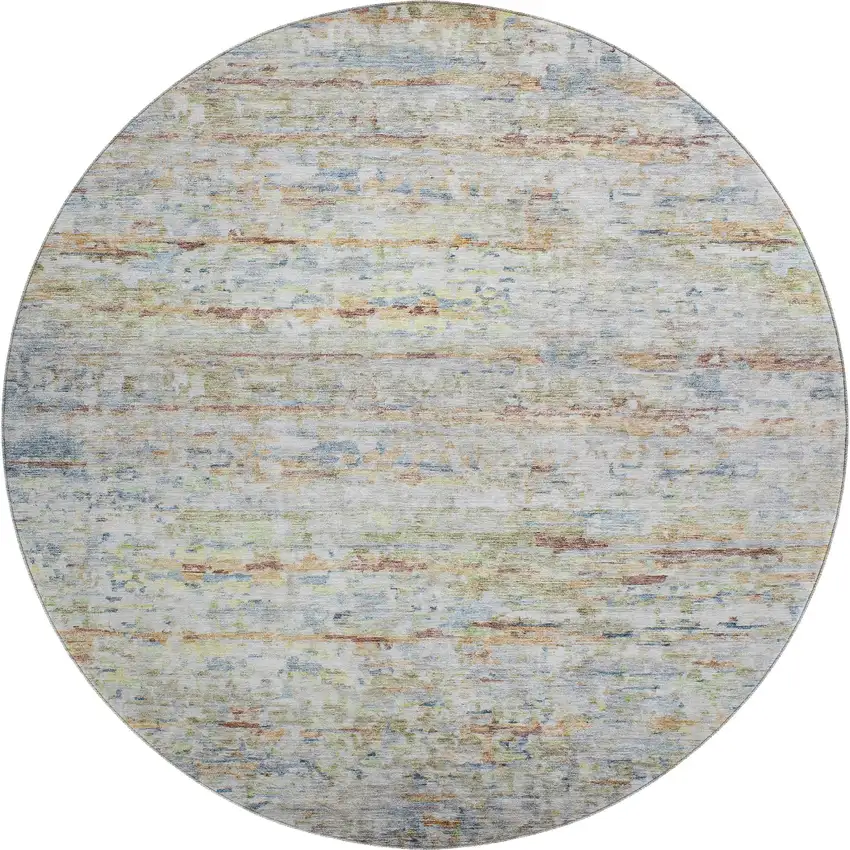 8' Copper Beige And Blue Striped Washable Round Rug With UV Protection Photo 1