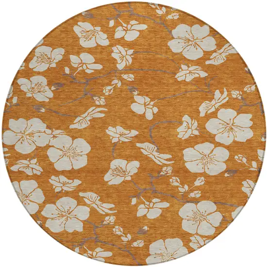 8' Copper Beige And Brown Round Floral Washable Indoor Outdoor Area Rug Photo 2