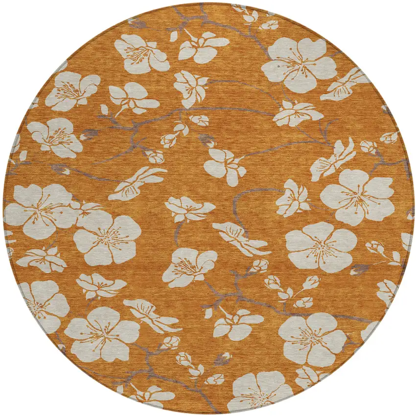 8' Copper Beige And Brown Round Floral Washable Indoor Outdoor Area Rug Photo 2