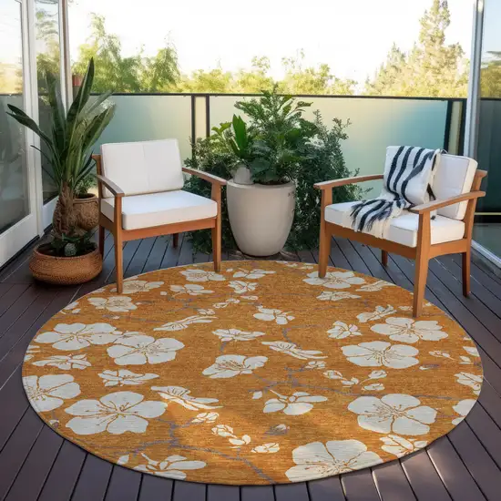 8' Copper Beige And Brown Round Floral Washable Indoor Outdoor Area Rug Photo 7
