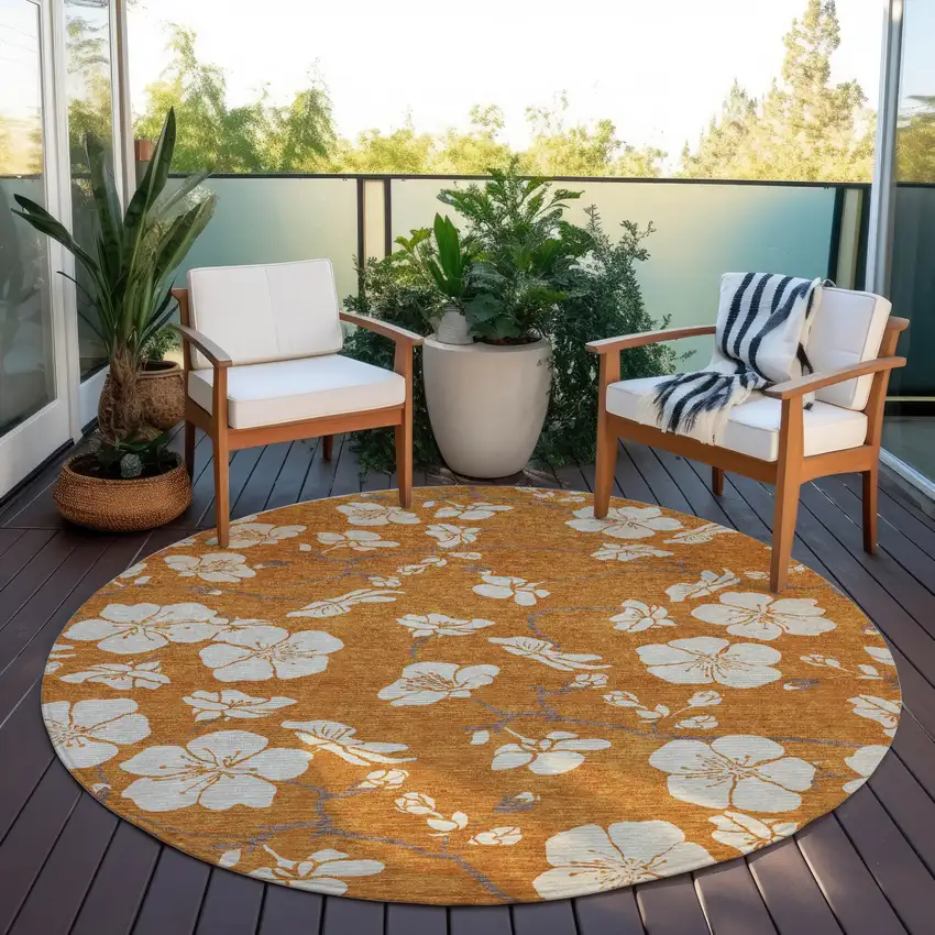 8' Copper Beige And Brown Round Floral Washable Indoor Outdoor Area Rug Photo 7