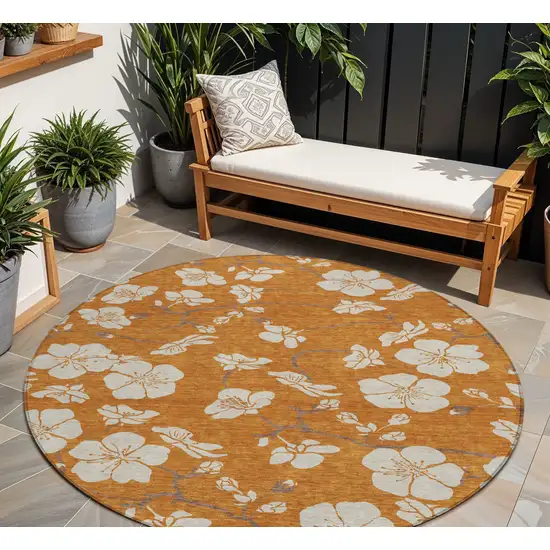 8' Copper Beige And Brown Round Floral Washable Indoor Outdoor Area Rug Photo 1