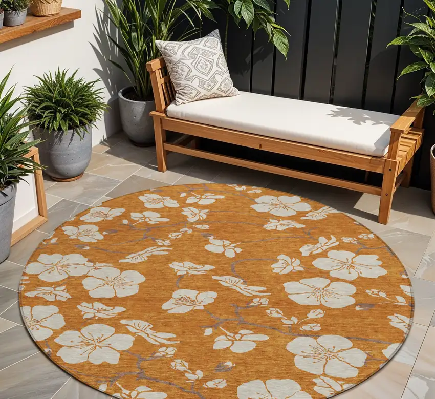 8' Copper Beige And Brown Round Floral Washable Indoor Outdoor Area Rug Photo 1