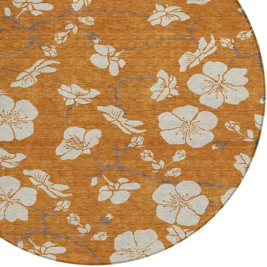 8' Copper Beige And Brown Round Floral Washable Indoor Outdoor Area Rug Photo 5