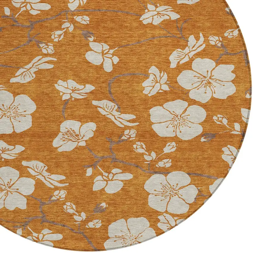 8' Copper Beige And Brown Round Floral Washable Indoor Outdoor Area Rug Photo 5