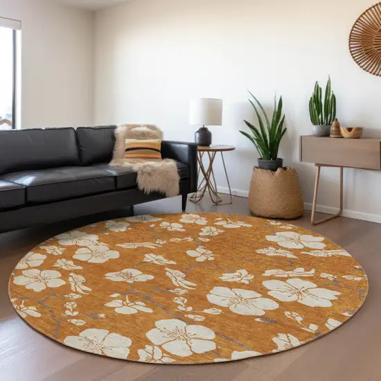 8' Copper Beige And Brown Round Floral Washable Indoor Outdoor Area Rug Photo 8