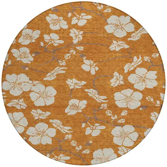 8' Copper Beige And Brown Round Floral Washable Indoor Outdoor Area Rug Photo 6