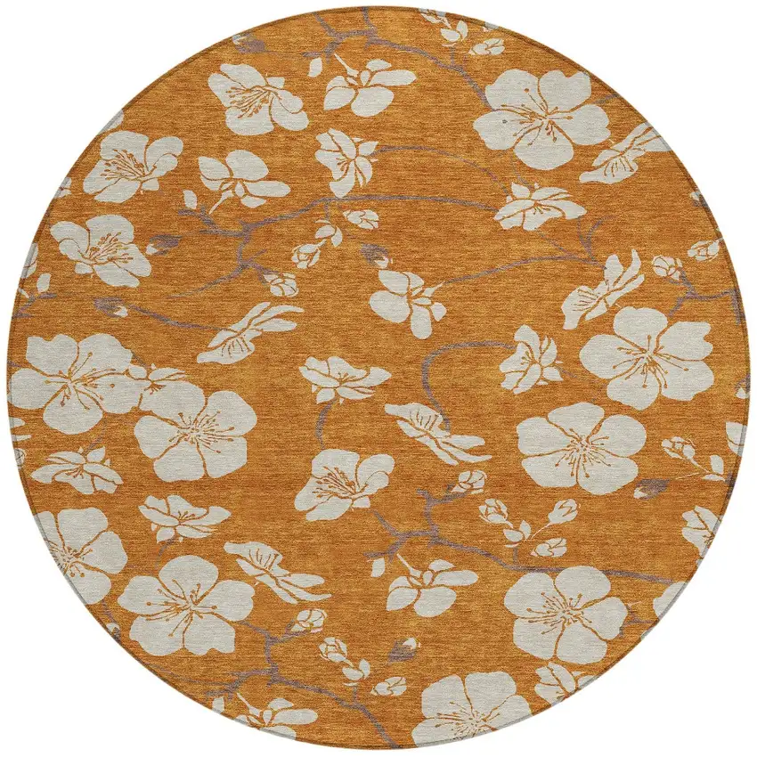 8' Copper Beige And Brown Round Floral Washable Indoor Outdoor Area Rug Photo 6