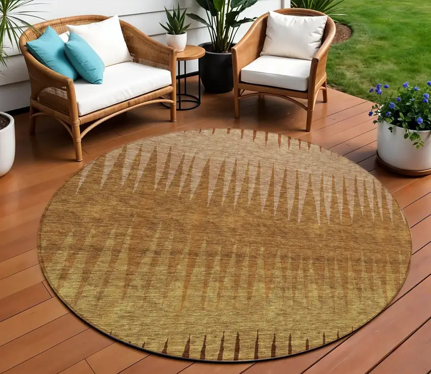 8' Copper Beige And Brown Round Striped Washable Indoor Outdoor Area Rug Photo 1