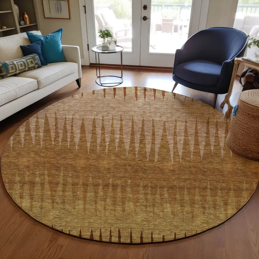 8' Copper Beige And Brown Round Striped Washable Indoor Outdoor Area Rug Photo 7